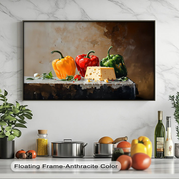 Colorful Bell Peppers & Cheese – Rustic Kitchen Canvas Print - MyPhotoStation