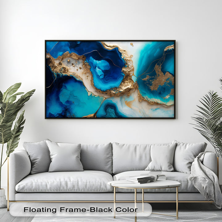 The abstract quality of this luxury blue gold agate hanging canvas print showcases swirling deep blues, vivid turquoises, and shimmering gold textures.