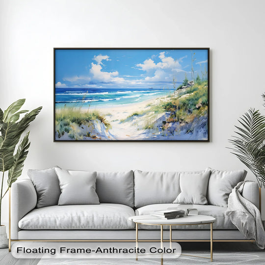 Negative space around this Coastal Calm canvas print accentuates the high quality canvas prints, drawing the eye to the tranquil seaside dunes.