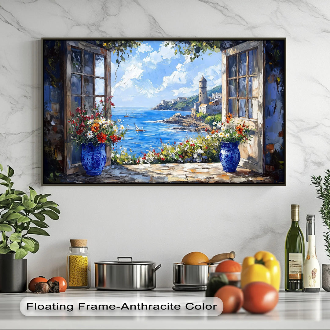 Mediterranean View Through the Terrace – Coastal Kitchen Canvas Print - MyPhotoStation