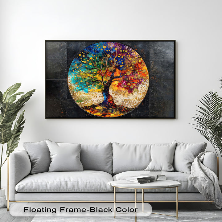 Striking color contrast defines these vibrant abstract colorful tree canvas pictures, displaying brilliant blues, reds, and gold against a deep, dark backdrop.