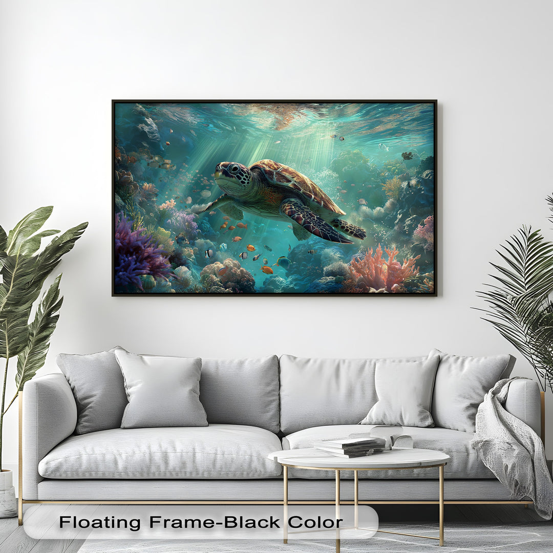 The organic forms of a majestic sea turtle, vibrant coral reefs, and schooling fish are beautifully captured in this underwater hanging canvas.