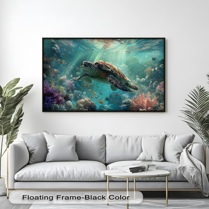 The organic forms of a majestic sea turtle, vibrant coral reefs, and schooling fish are beautifully captured in this underwater hanging canvas.