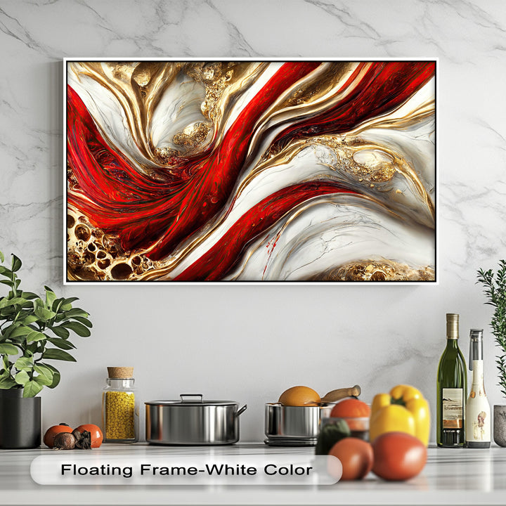 The softest swirling white marble textures are beautifully captured in this luxurious red gold abstract canvas pictures wall art.