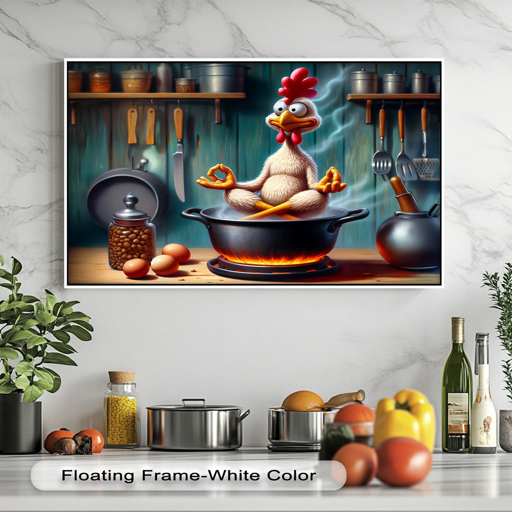 The pristine white marble wall provides a bright, elegant backdrop for humorous canvas pictures depicting a meditating chicken.