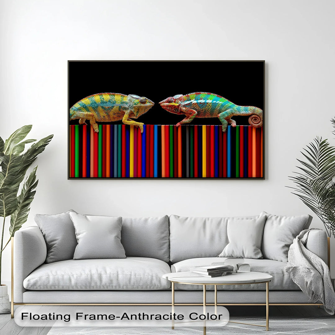 Color Clash – Vibrant Chameleon Duo on Pencils Canvas Print - MyPhotoStation