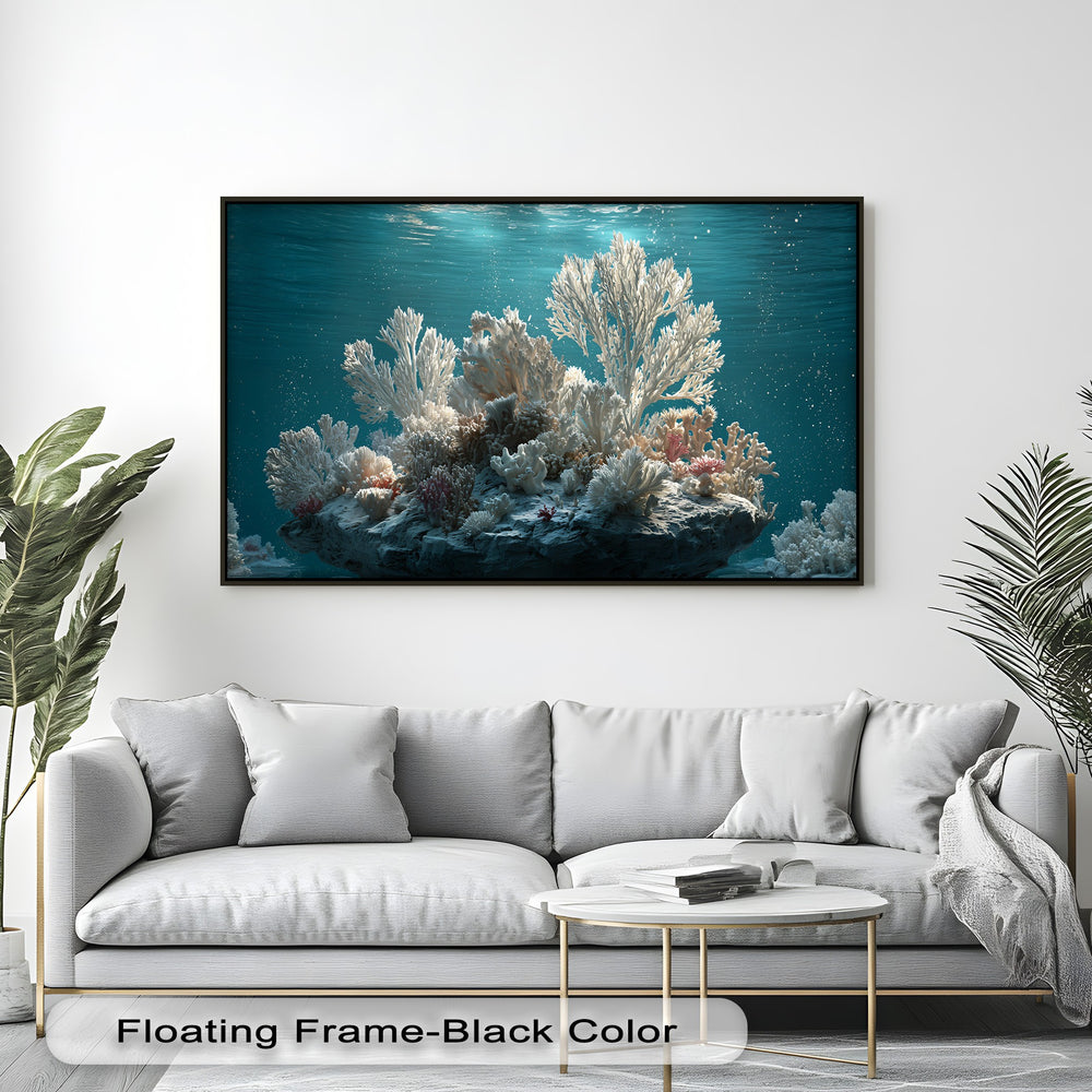 Cool color temperature accentuates a unique canvas print of a radiant white coral reef in tranquil turquoise ocean water.