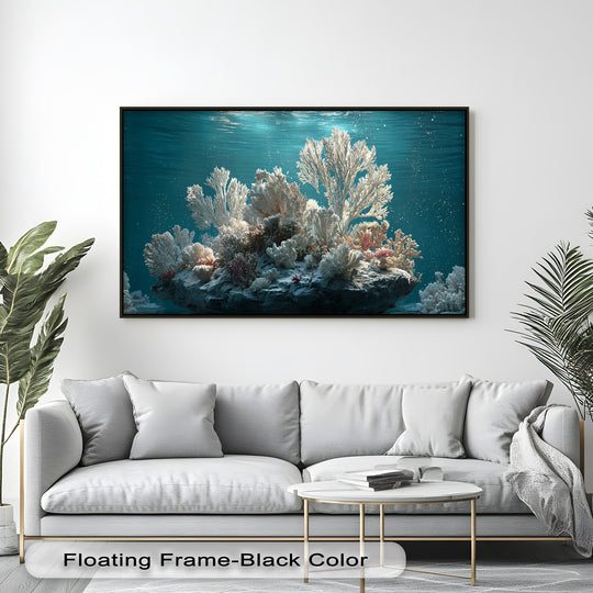 Cool color temperature accentuates a unique canvas print of a radiant white coral reef in tranquil turquoise ocean water.