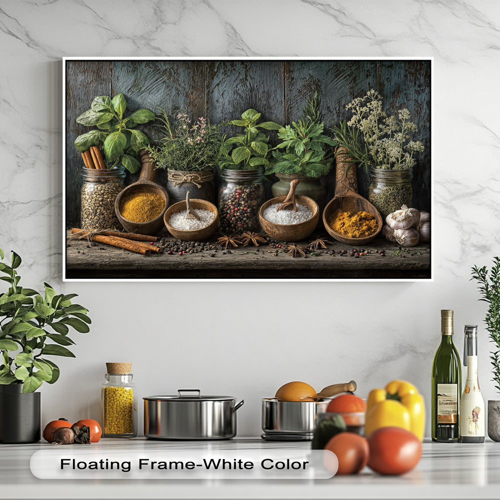 The deeply textured dark wood background of the rustic herb spices canvas wall art provides a rich, aged farmhouse aesthetic.