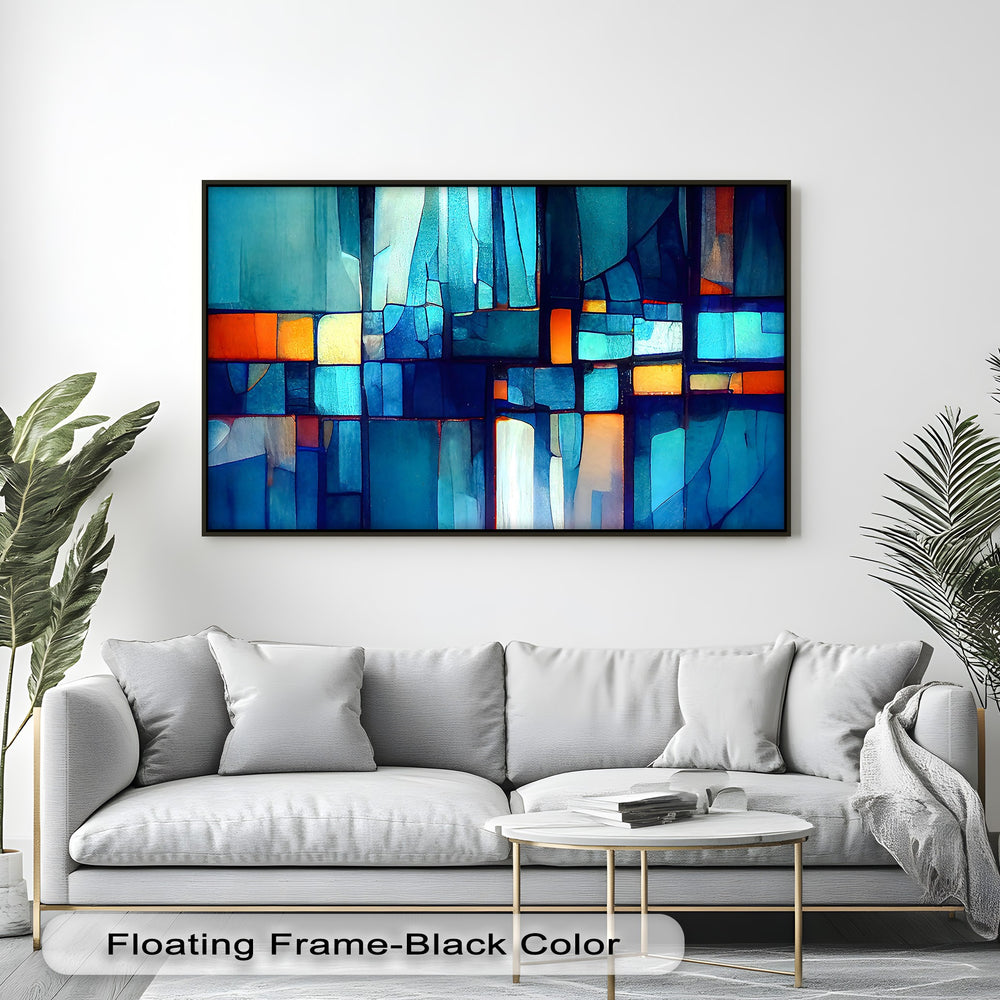 The stillness of this modern stained glass abstract canvas wall decor features a vibrant blue mosaic design, creating a serene ambiance.