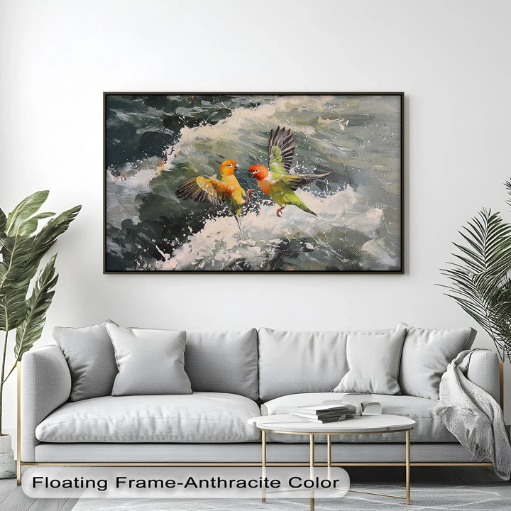 Splash of Love – Colorful Lovebirds Over Ocean Waves Animal Canvas Print - MyPhotoStation