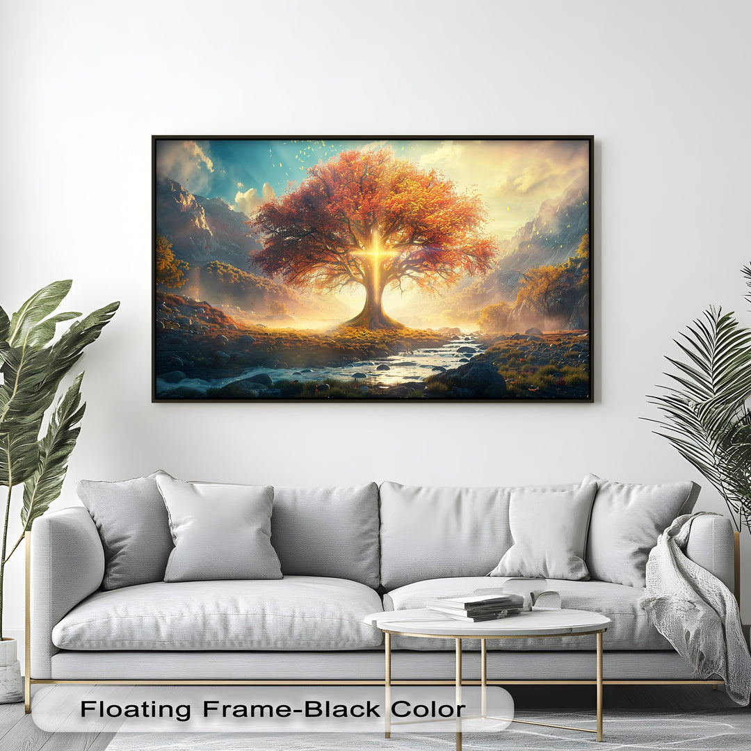 The warm color temperature of this fantasy mountain landscape high quality canvas print highlights a radiant autumn tree glowing with golden light.