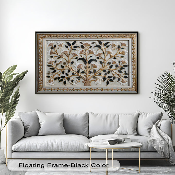 Graceful movement emanates from this Gold Botanical hanging canvas, an elegant floral ornament with sweeping golden branches and dark, contrasting leaves.