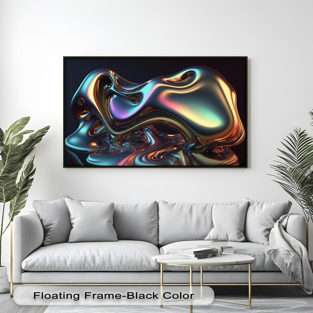 Defining the large framed iridescent flow hanging canvas, the expansive white wall's negative space emphasizes the artwork's luminous presence.