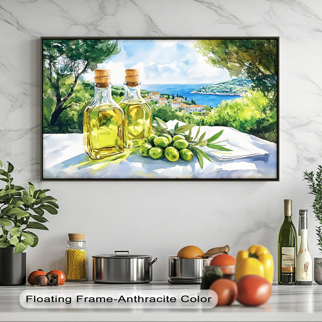 Mediterranean Harvest – Olive Oil Bottles Kitchen Canvas Print - MyPhotoStation