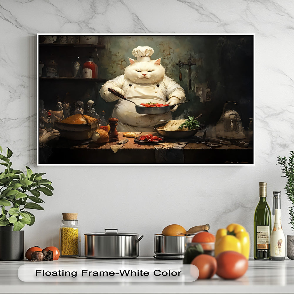 A focused fluffy white cat chef intently stirs ingredients in a pan, forming the whimsical central canvas wall decor in a rustic kitchen.