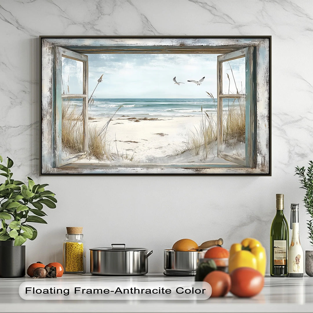 Seaside Escape Through Rustic Window – Kitchen Canvas Art - MyPhotoStation