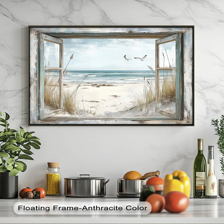 Seaside Escape Through Rustic Window – Kitchen Canvas Art - MyPhotoStation
