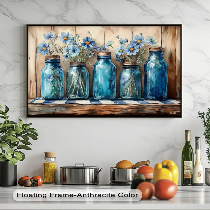 Vintage Blue Mason Jars with Wildflowers – Farmhouse Kitchen Canvas Art - MyPhotoStation