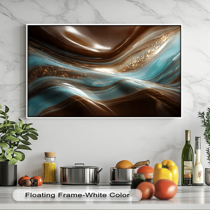 The smooth, lustrous surface texture of this abstract brown blue flow hanging canvas art features swirling bronze and turquoise tones with shimmering gold accents.