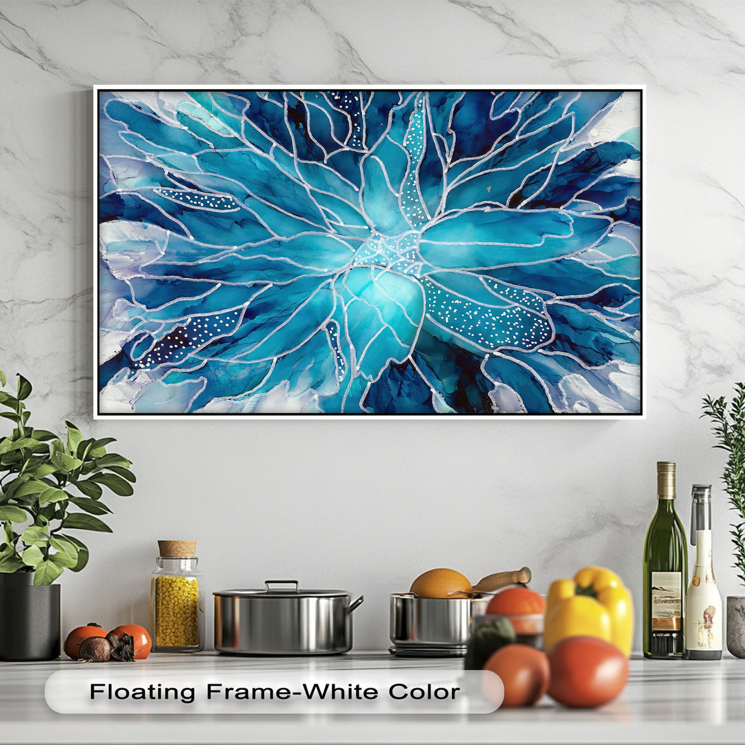 The high-quality hanging canvas showcases vibrant blue watercolor flower petals with intricate white lines, creating stunning abstract floral wall art.
