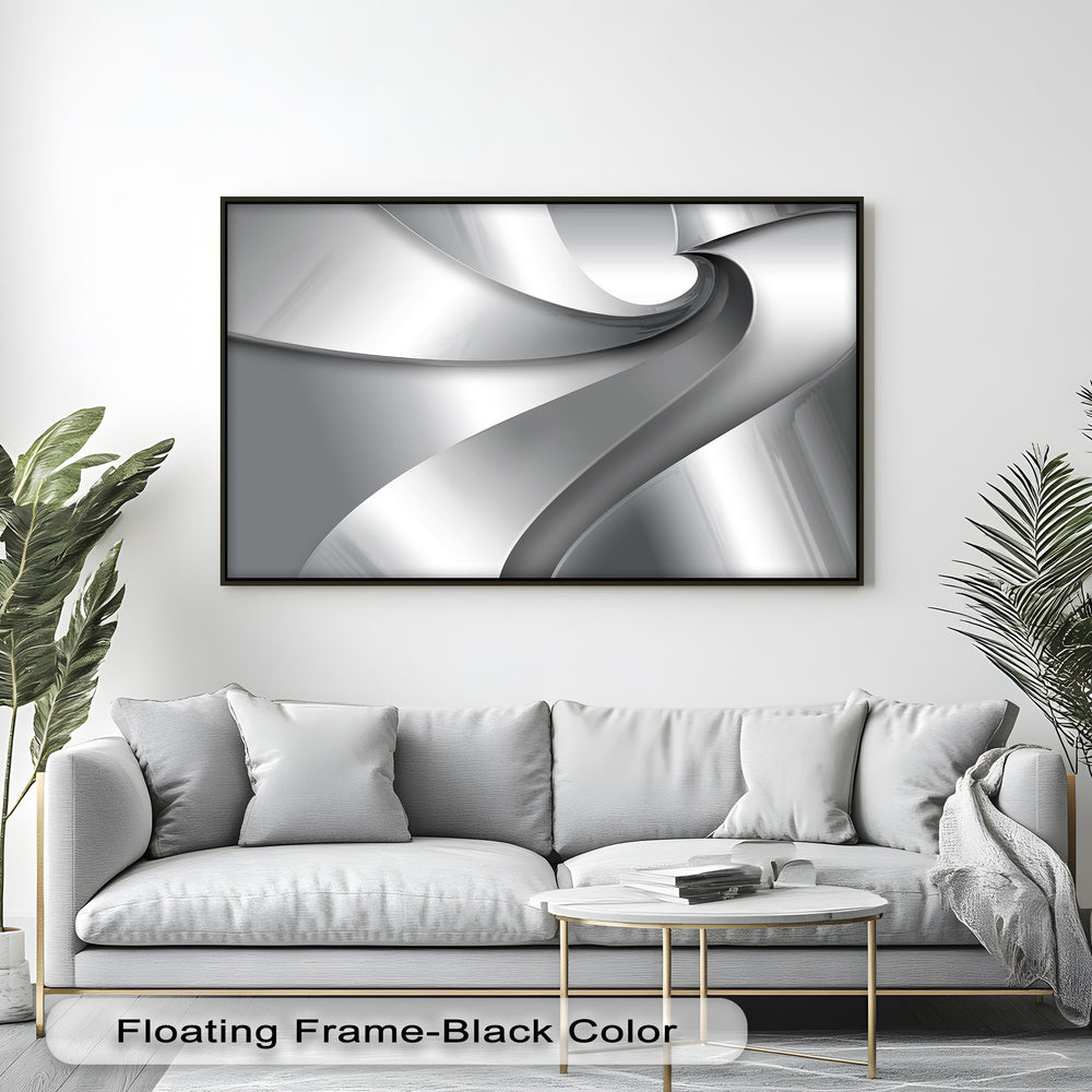 The striking color contrast in this minimalist abstract canvas painting highlights smooth silver curves and deep gray gradients against bright white accents.
