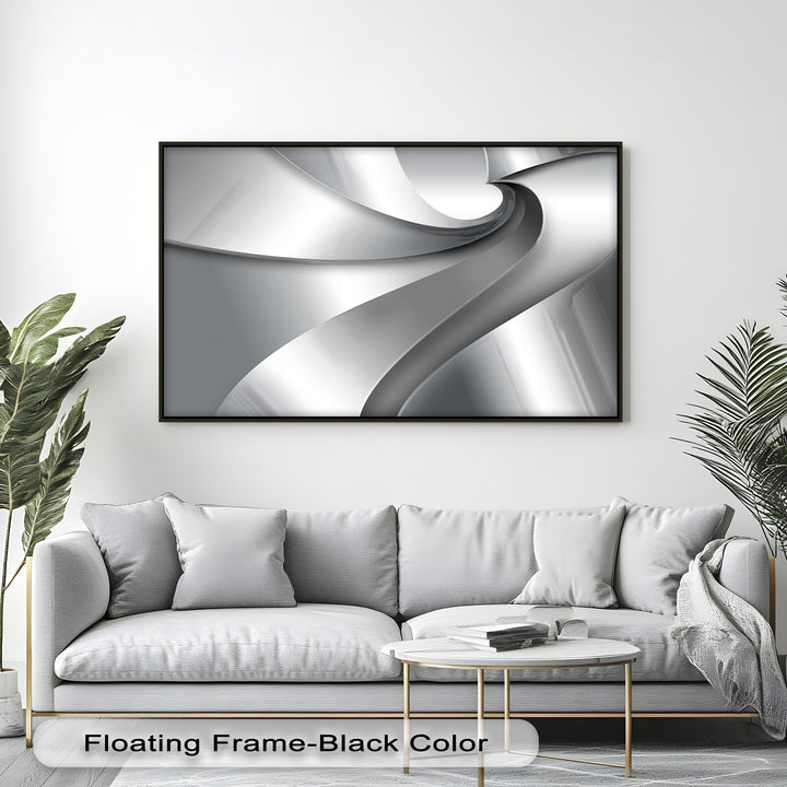 The striking color contrast in this minimalist abstract canvas painting highlights smooth silver curves and deep gray gradients against bright white accents.