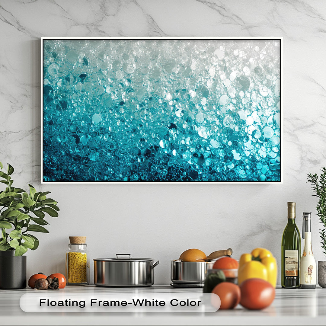 Emphasizing color contrast, this captivating canvas art prints showcases vibrant turquoise bubbles with an abstract water texture against deep teal.
