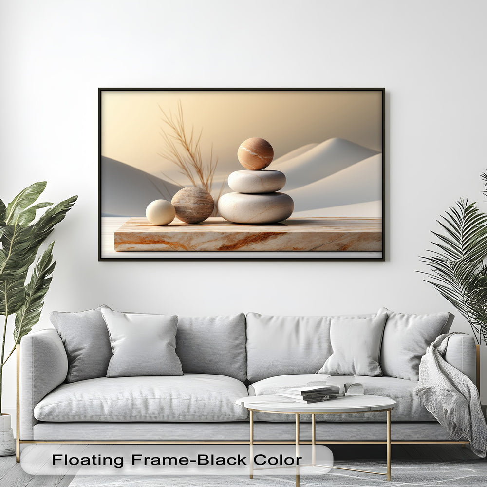 The visual rhythm of stacked zen stones and rolling desert dunes creates a calming minimalist spa canvas art.