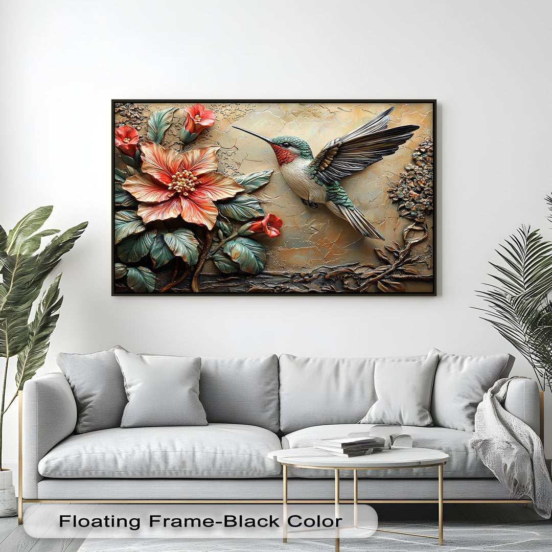 The abstract quality of this premium canvas decor is highlighted by the sculptural, 3D-style hummingbird and vibrant coral floral elements.