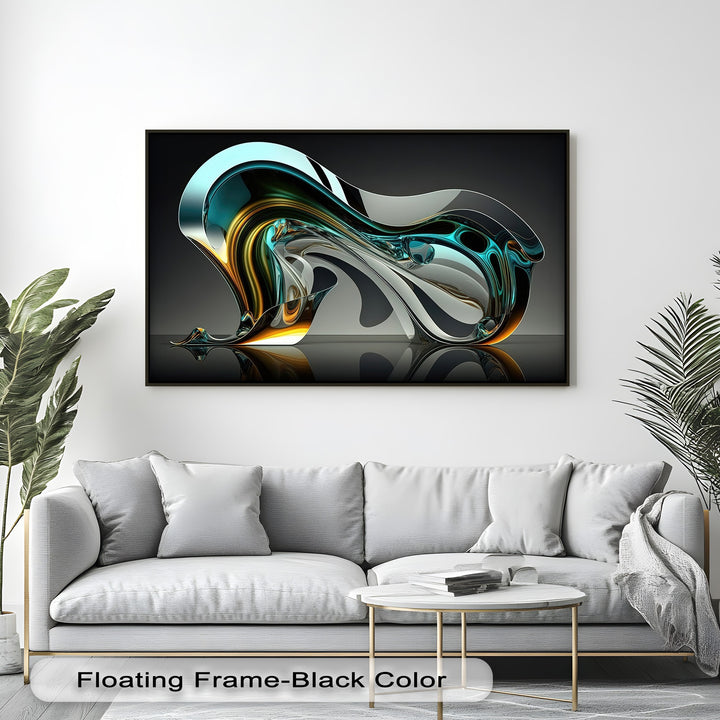 The sophisticated mood of the room is elevated by the captivating Aqua Glass Flow canvas art, featuring luminous abstract forms in teal and gold.