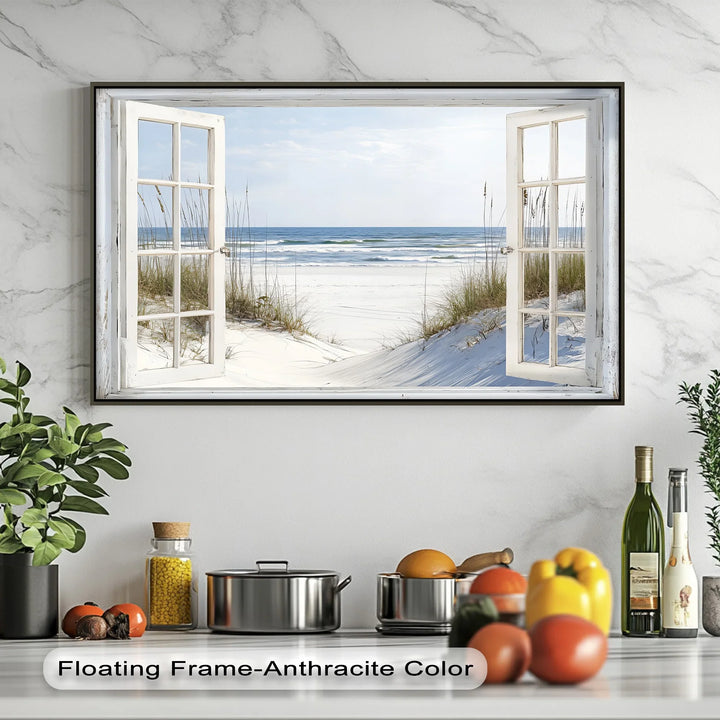 Ocean Breeze Escape – Open Window Beach Kitchen Canvas Print - MyPhotoStation