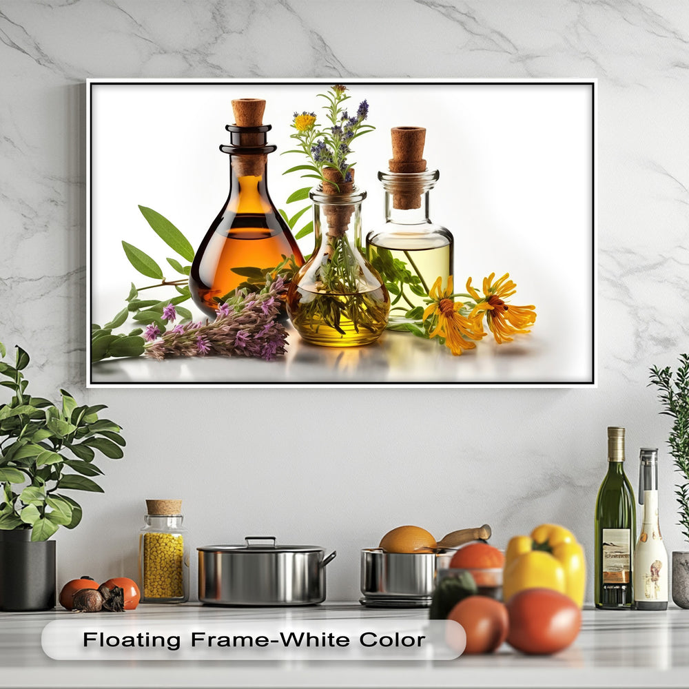The varied surface texture, from the glossy herbal oil bottles to the delicate flowers and veined leaves, defines this botanical canvas painting.