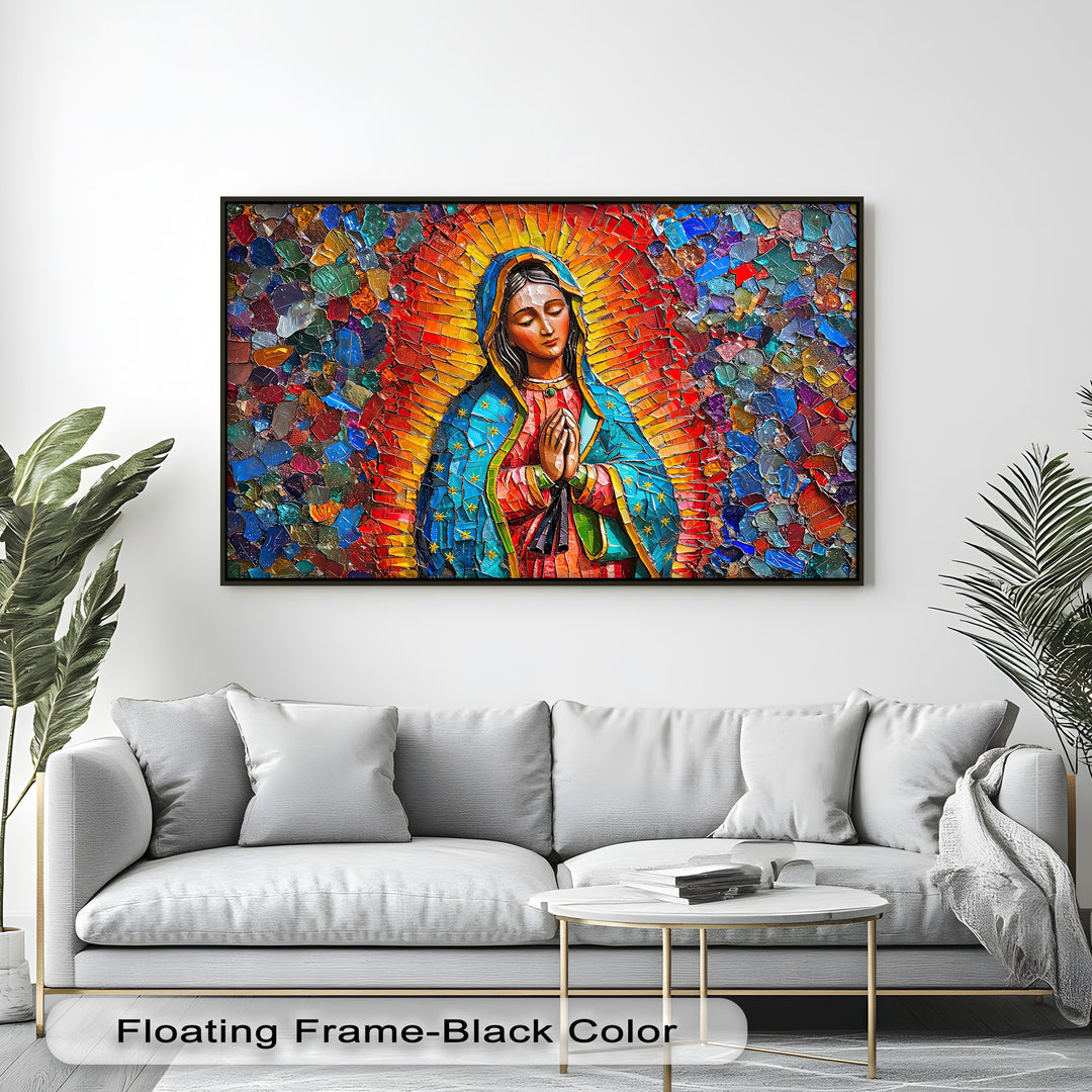 Abstract, colorful mosaic art of Our Lady of Guadalupe on a high quality canvas print, showing vibrant, faceted glass-like textures.
