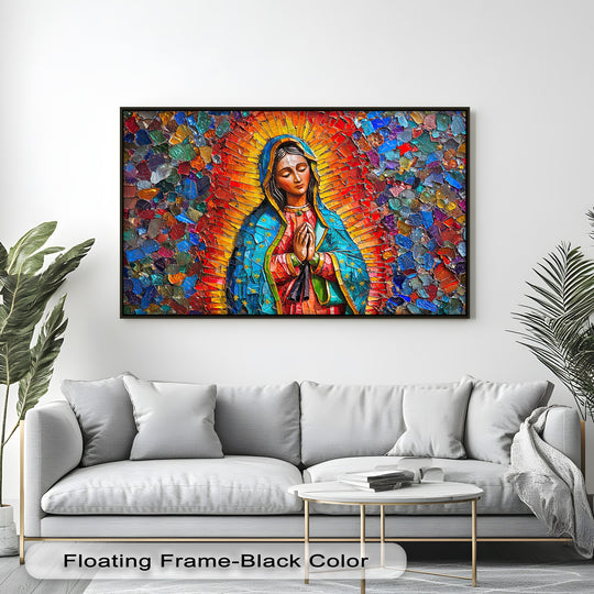 Abstract, colorful mosaic art of Our Lady of Guadalupe on a high quality canvas print, showing vibrant, faceted glass-like textures.