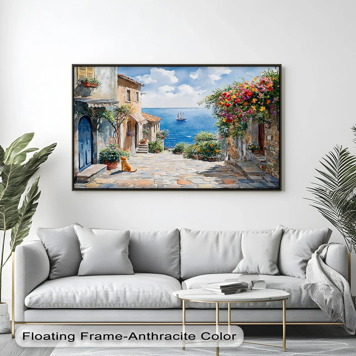 Mediterranean Daydream – Seaside Street with Cat Canvas Print - MyPhotoStation