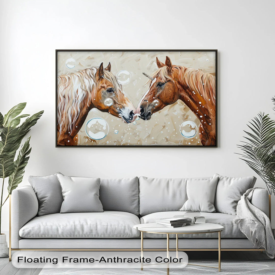 Bubble-Kissed Companions – Playful Unicorn Love Canvas Print - MyPhotoStation