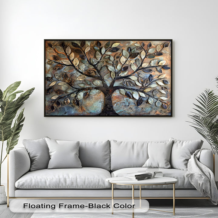 The soft grey sofa and fluffy pillows provide a cozy feel below the Tree of Life 3D style botanical premium canvas decor.