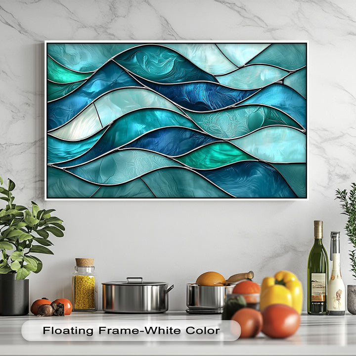The darkest deep sapphire and teal sections, framed by slender lines, form the undulating canvas wall decor of a Stained Glass Ocean Wall Art.