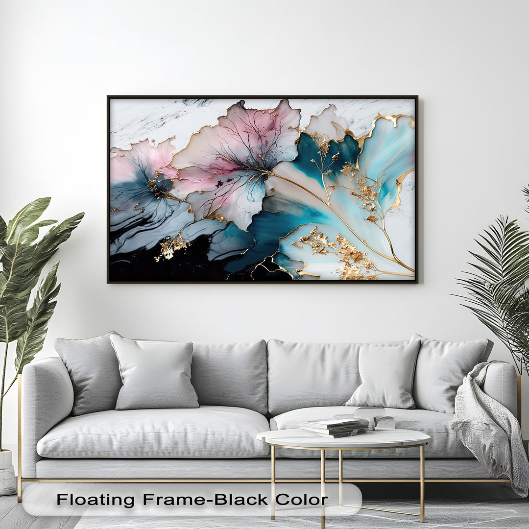 A pristine white wall creates a minimalist backdrop, elegantly showcasing the high quality canvas prints of Pastel Floral luxury abstract flower wall art.