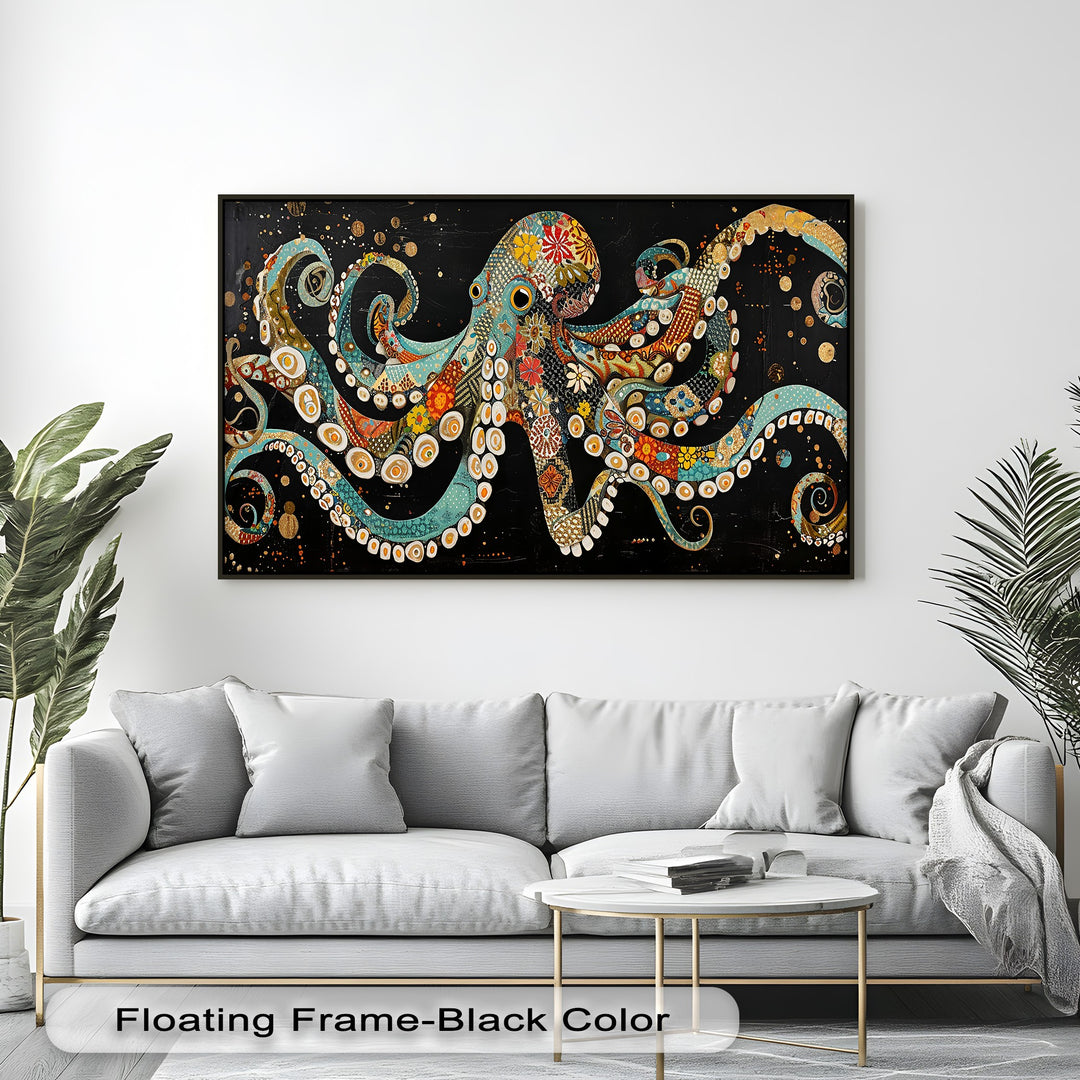Vibrant mosaic octopus high quality canvas print bursts with intricate patterns, turquoise hues, and shimmering gold on a dramatic black background.