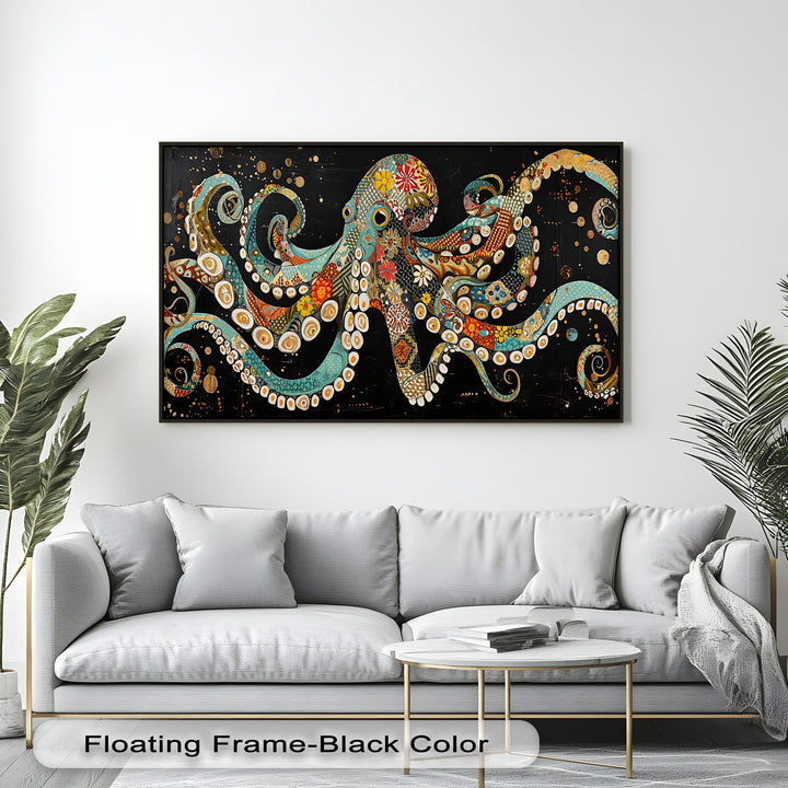 Vibrant mosaic octopus high quality canvas print bursts with intricate patterns, turquoise hues, and shimmering gold on a dramatic black background.