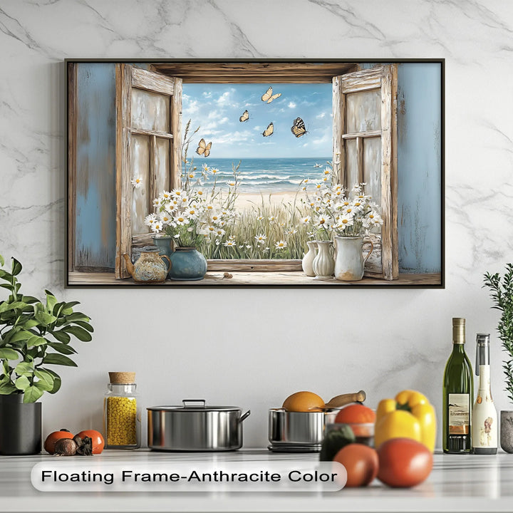 Butterflies by the Shore – Vintage Window View Kitchen Canvas Print - MyPhotoStation