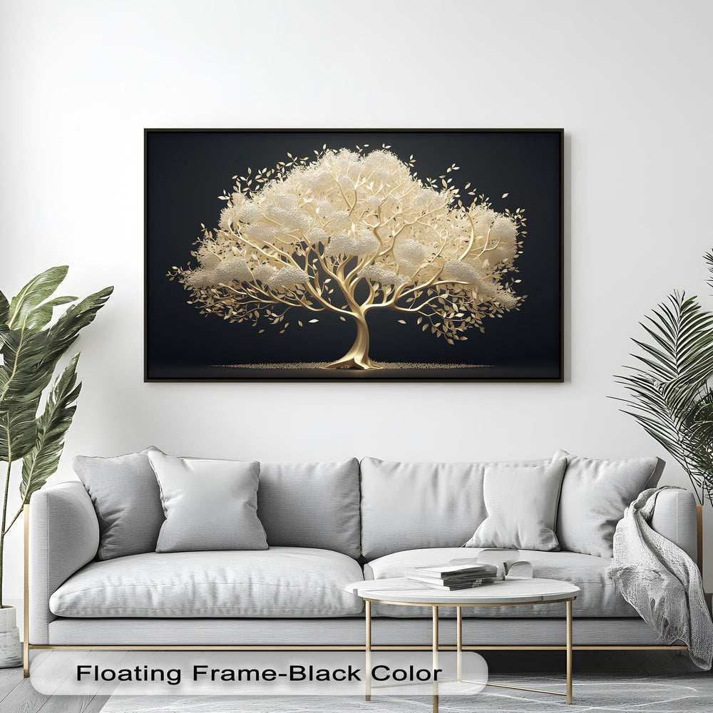Dominated by deep black and glowing cream-gold hues, this elegant Golden Light Tree canvas pictures provides stunning botanical wall art.