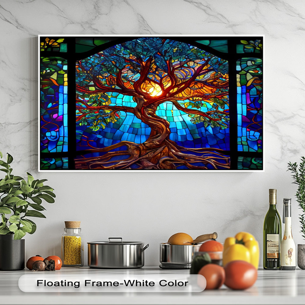 Realistic detail captures the stained glass Tree of Life big canvas prints, with intricate roots, luminous branches, and a sunset glow.
