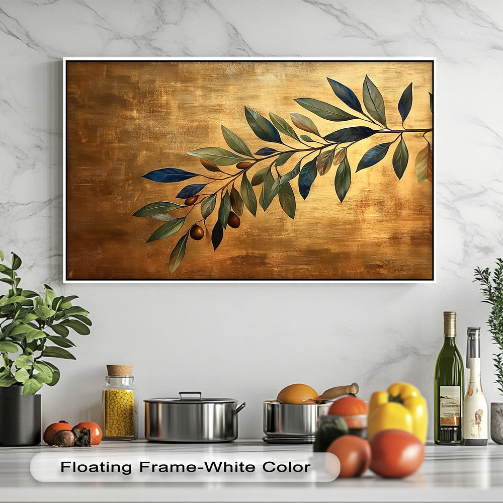 The shimmering brushed gold background of this Mediterranean olive branch canvas wall art features elegant green leaves and small brown olives.