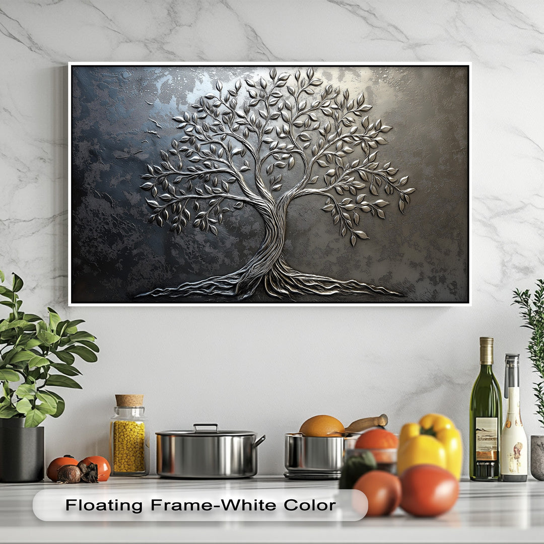 An elegant and sophisticated mood is set by the captivating silver tree canvas art, featuring intricate botanical details.