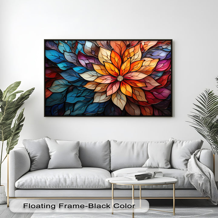 The vibrant stained glass flower canvas art, with its intricate colorful petals and sparkling jewel center, is the striking focal point.