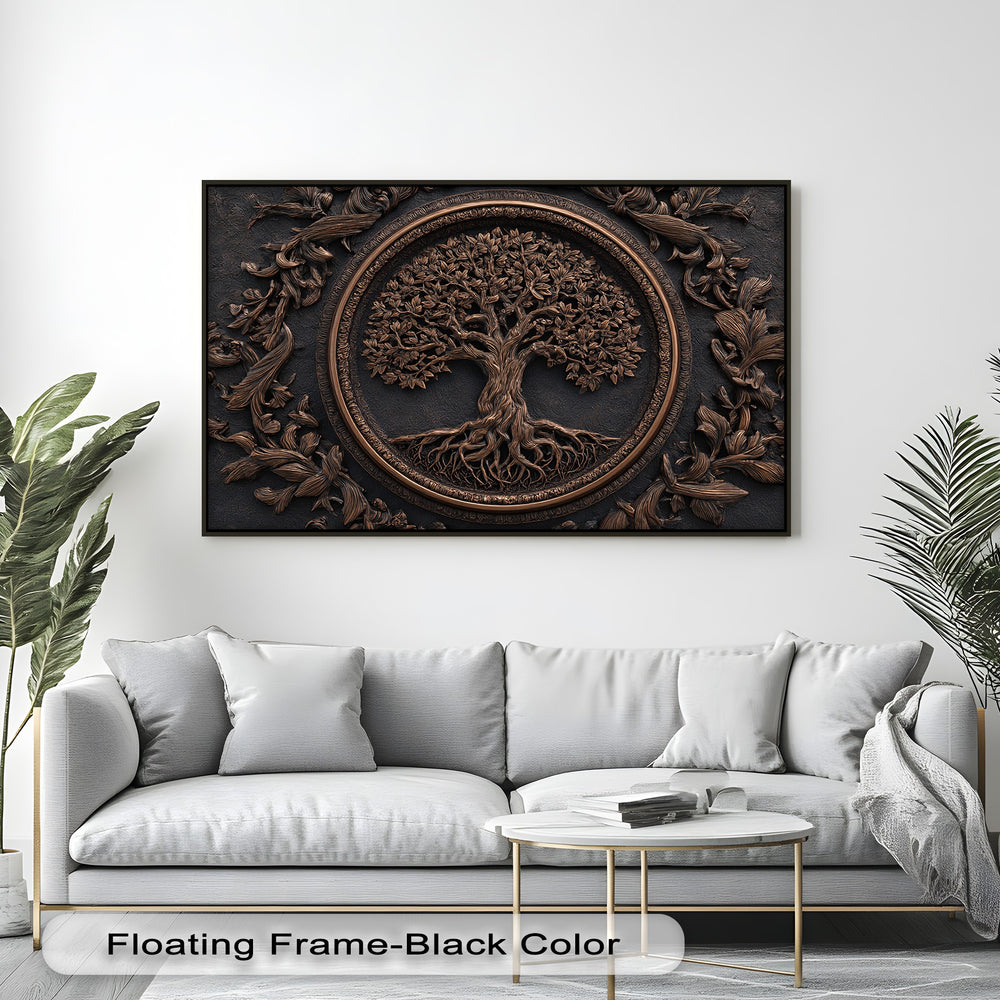 The pristine white wall highlights the intricate Bronze Tree of Life canvas wall decor, a rustic botanical wall art piece.