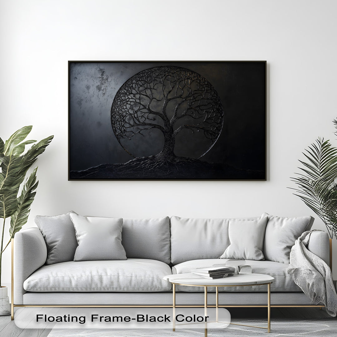The color contrast is striking with a dark black tree of life big canvas print, featuring sculptural roots, standing out against a bright white wall.